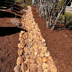 Professionally installed dry creek bed of smooth tan river rocks bordered by fresh reddish-brown mulch in a residential yard.